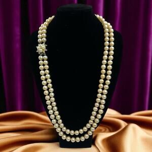 Vintage 1950s Double Strand Faux Pearl Necklace Rhinestone Flower Clasp 20 & 24”